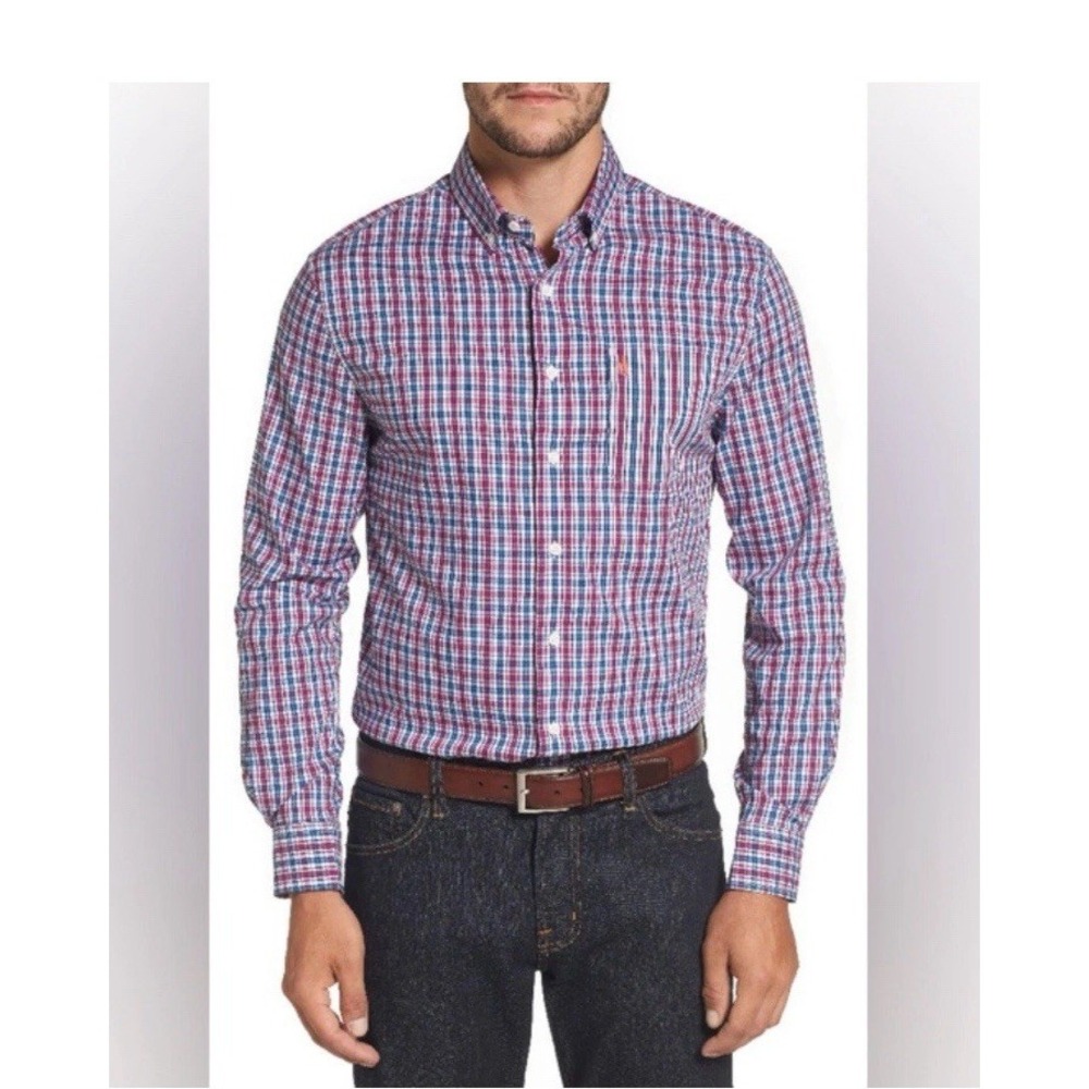 JOHNNIE-O Men's Parklan‎ Check Sport Shirt Amethyst Size XL Plaid Red Blue